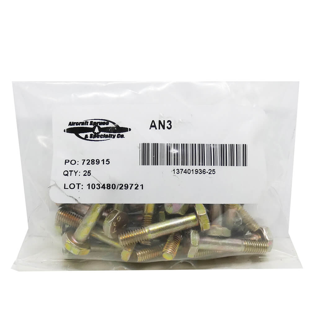 Bolt Undrilled AN3-4A (Pack Of 25)